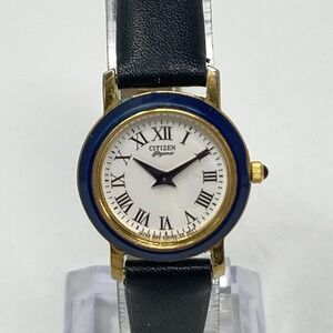 Vtg Citizen Elegance Watch Women 23mm Gold Tone Blue Bezel 3220-S17730 New Batt